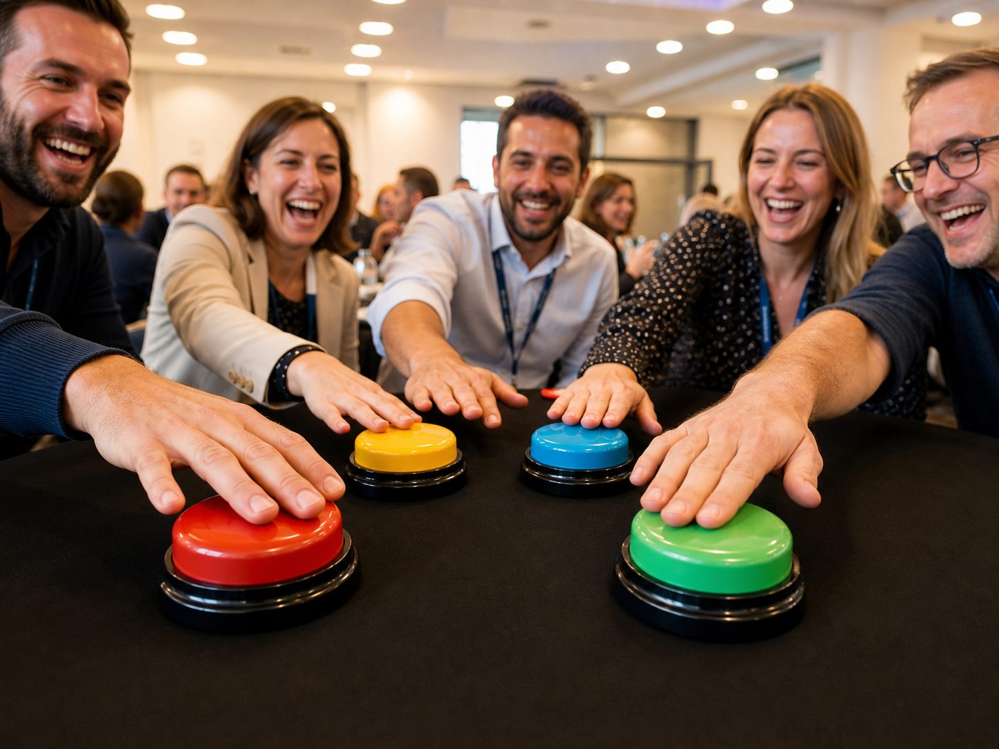 Equipe en team building appuyant sur des buzzers de quiz